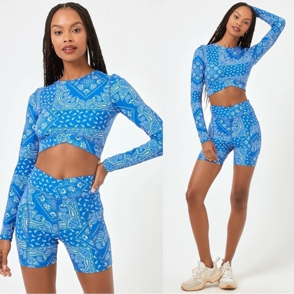 L*Space Aim High Long Sleeve Top Carter Bike Short Paisley Print Blue SET